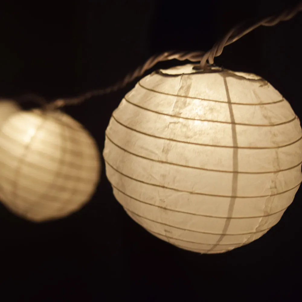 10 Socket White Round Paper Lantern Party String Lights (4" Lanterns, Expandable)