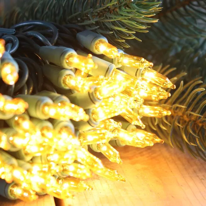 100-bulb Yellow Mini Lights, 2.5" Spacing, Green Wire