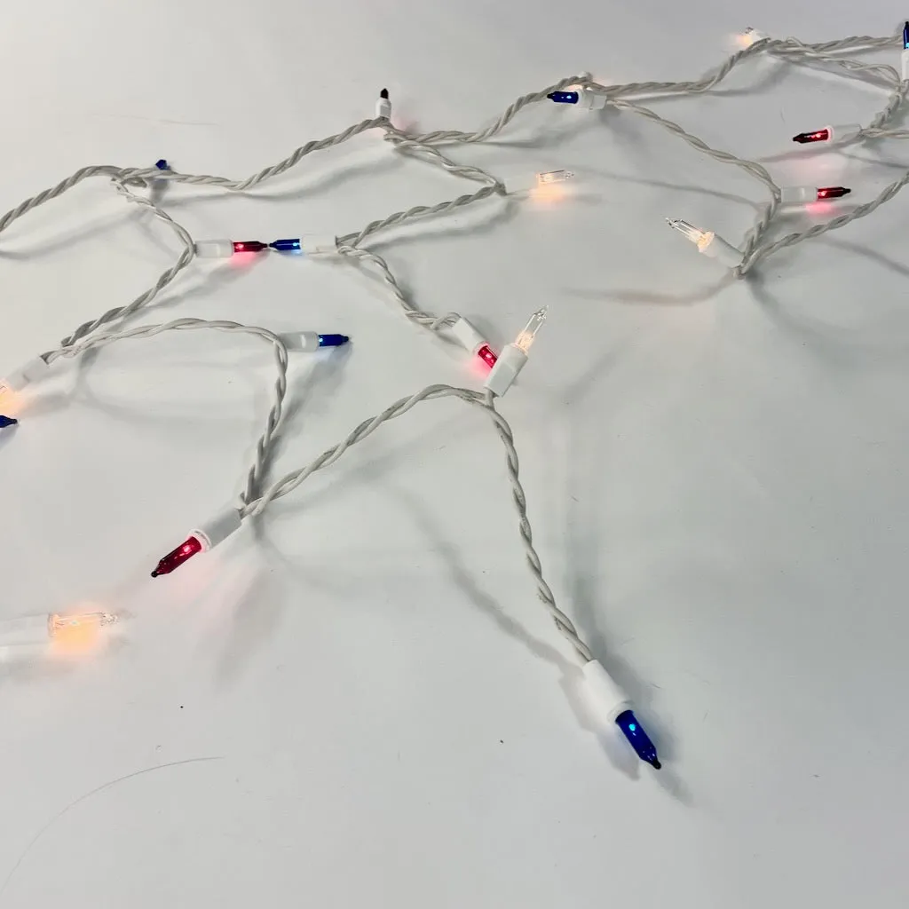 150-bulb Red White Blue Glass Icicle Lights, White Wire