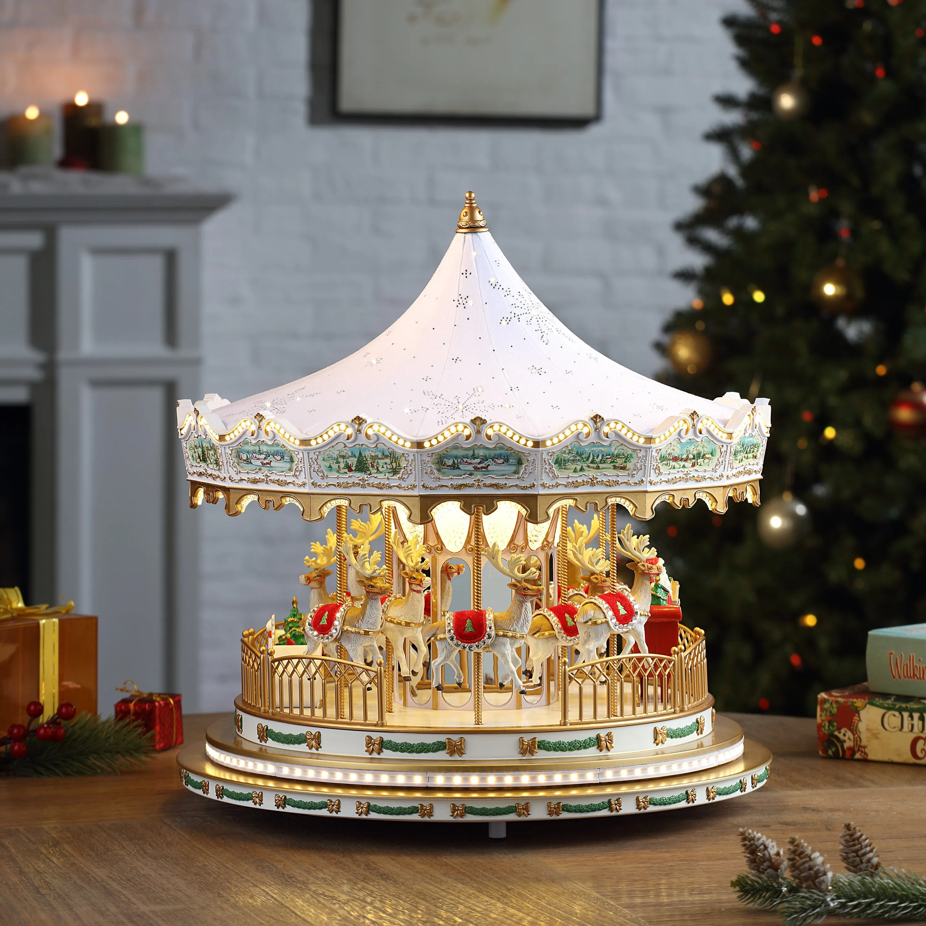 17 in. Animated Deluxe Crystal Carousel - White