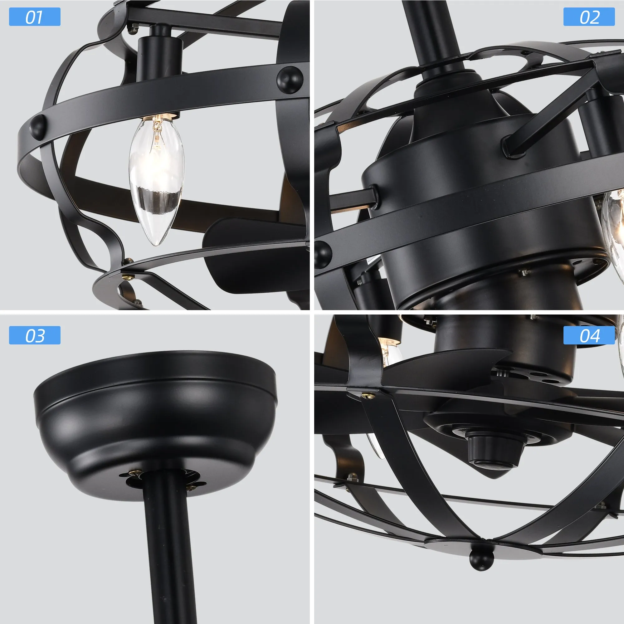 18" Matte Black Cage Ceiling Fan Light Industrial Style Ceiling Fan Light Kit Three-speed Adjustment Ceiling Fan