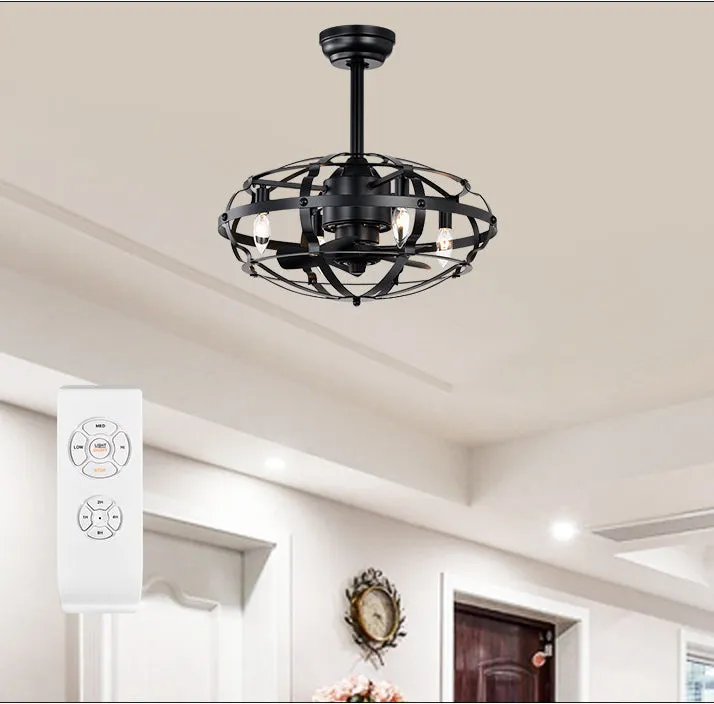 18" Matte Black Cage Ceiling Fan Light Industrial Style Ceiling Fan Light Kit Three-speed Adjustment Ceiling Fan