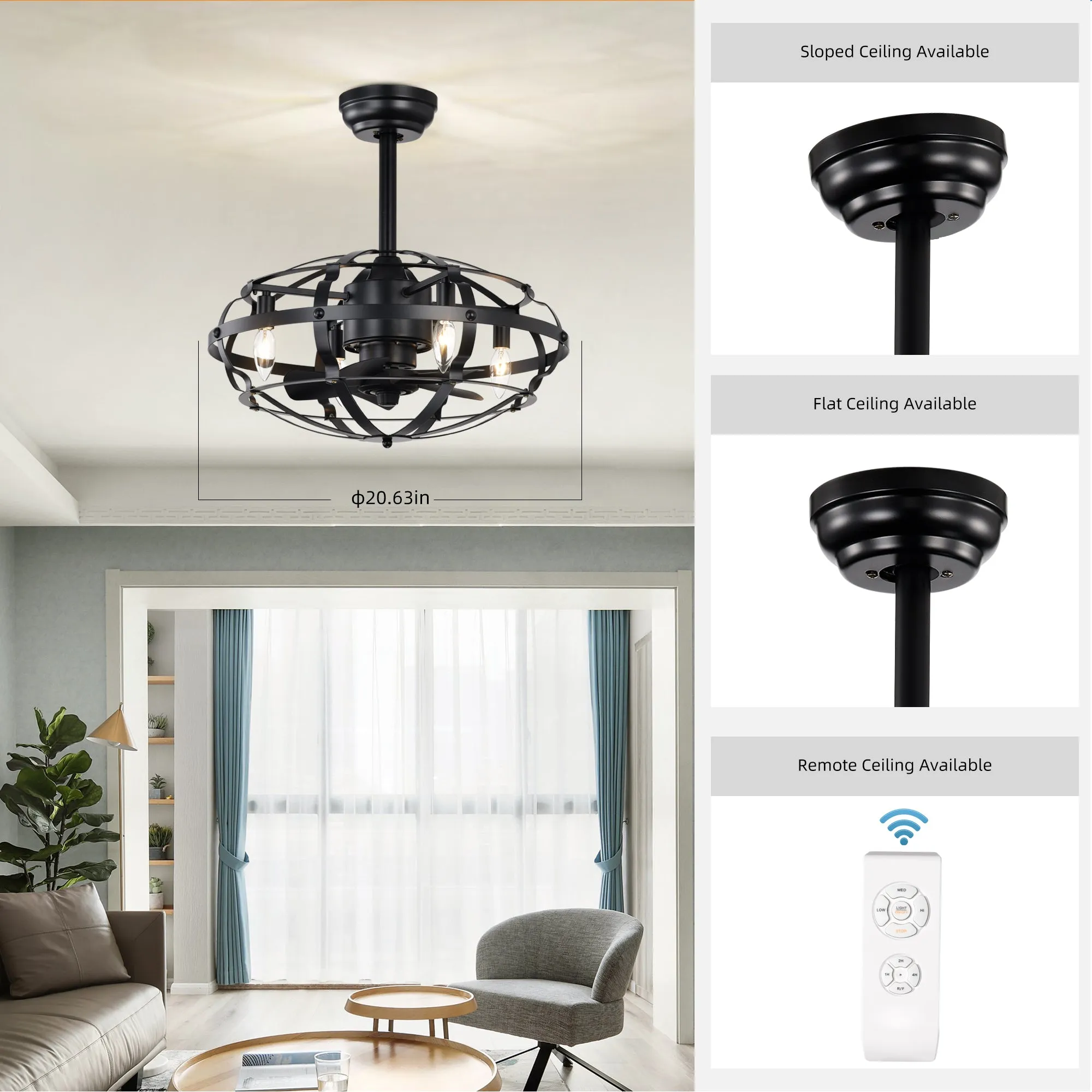 18" Matte Black Cage Ceiling Fan Light Industrial Style Ceiling Fan Light Kit Three-speed Adjustment Ceiling Fan