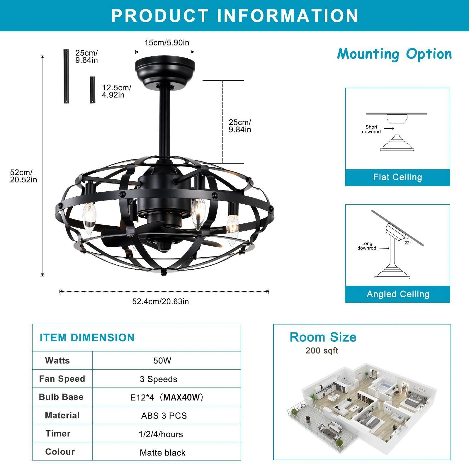 18" Matte Black Cage Ceiling Fan Light Industrial Style Ceiling Fan Light Kit Three-speed Adjustment Ceiling Fan