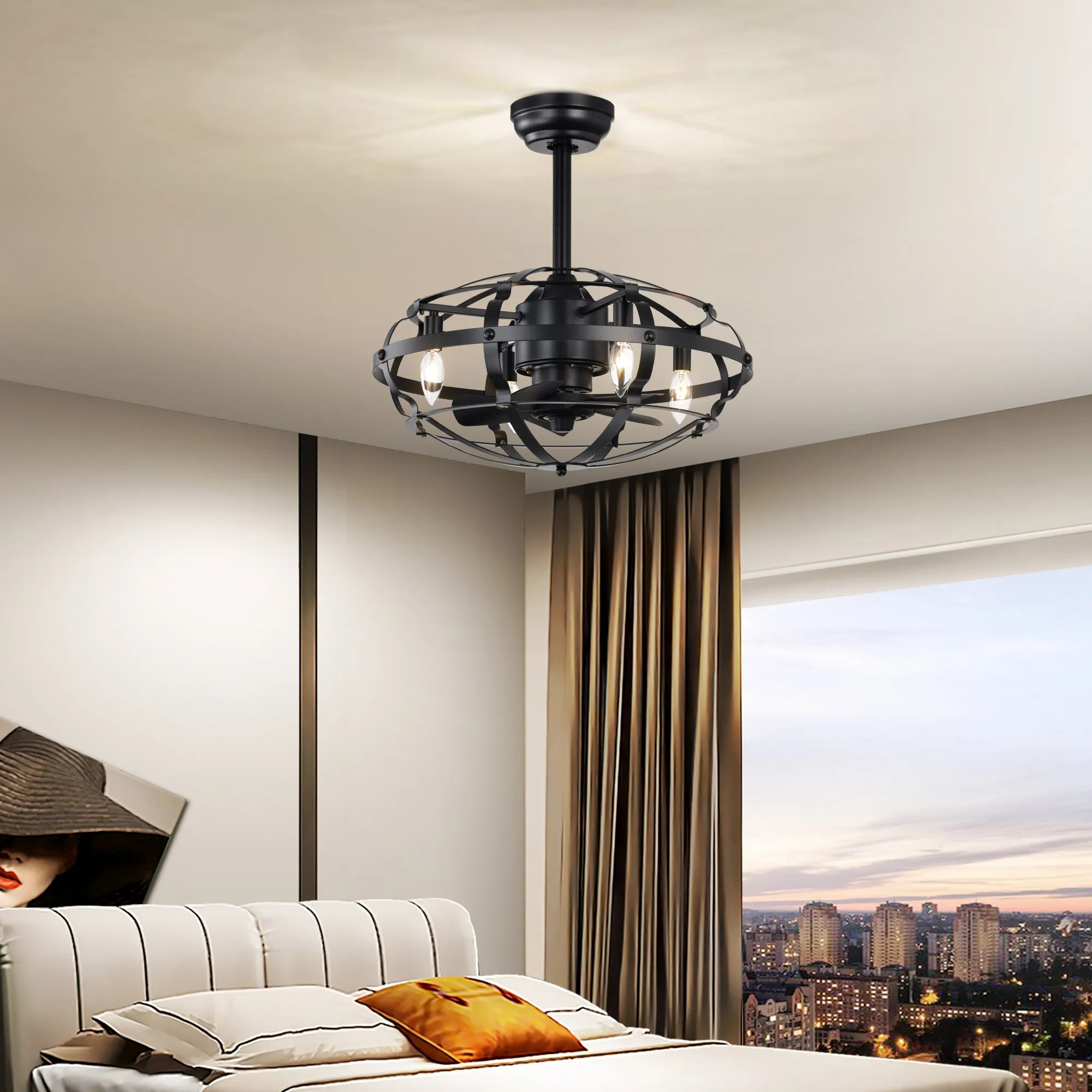 18" Matte Black Cage Ceiling Fan Light Industrial Style Ceiling Fan Light Kit Three-speed Adjustment Ceiling Fan