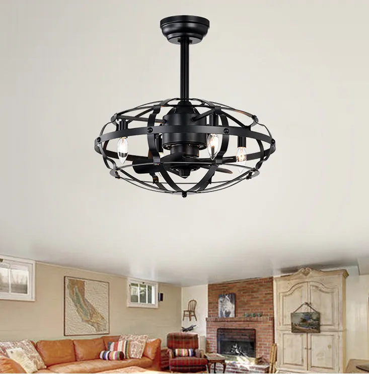 18" Matte Black Cage Ceiling Fan Light Industrial Style Ceiling Fan Light Kit Three-speed Adjustment Ceiling Fan