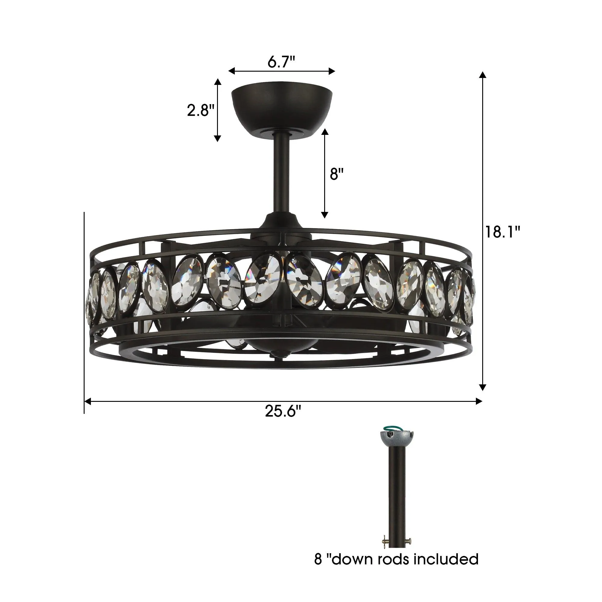 26" Modern DC Motor Downrod Mount Reversible Crystal Ceiling Fan with Lighting and Remote Control