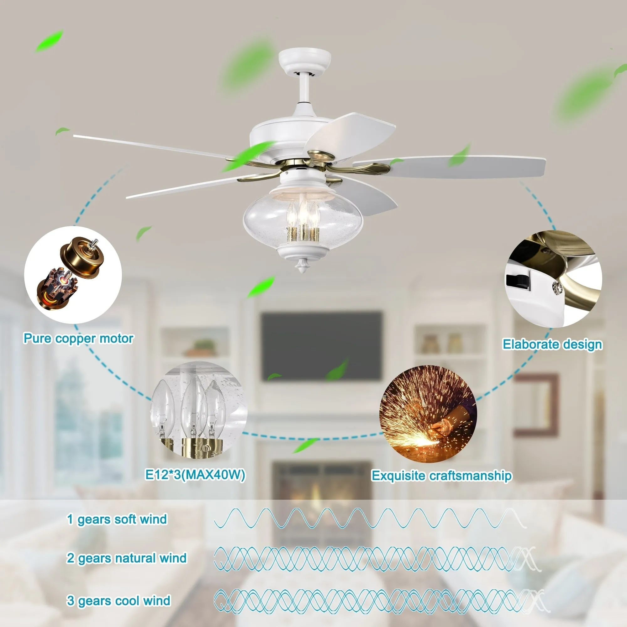 52'' Low Profile Ceiling Fan , White Modern Ceiling Fans with Remote Control --Matte White