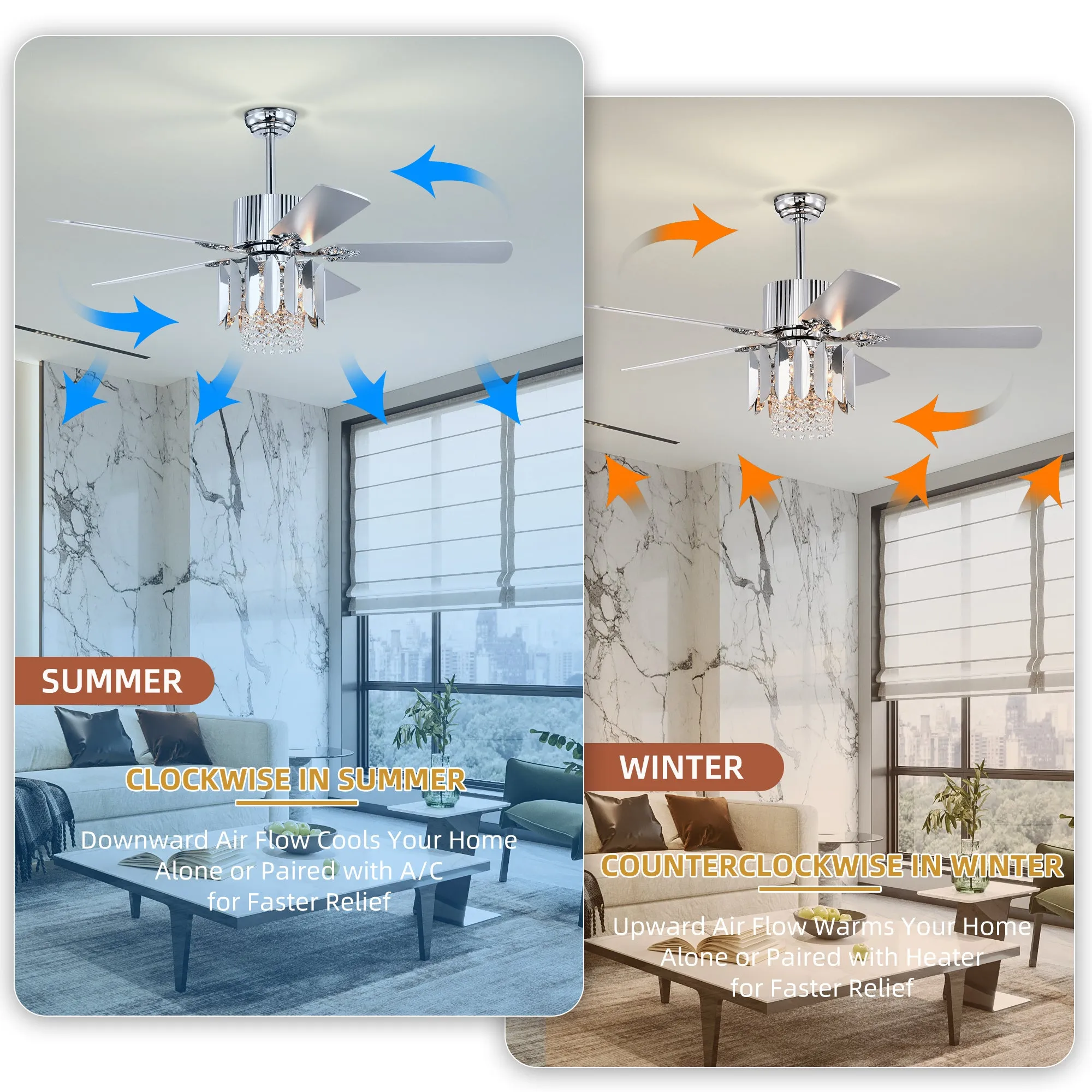 52" Crystal Chandelier Chrome Ceiling Fan Light Reversible 3-speed Silent Ceiling Fan