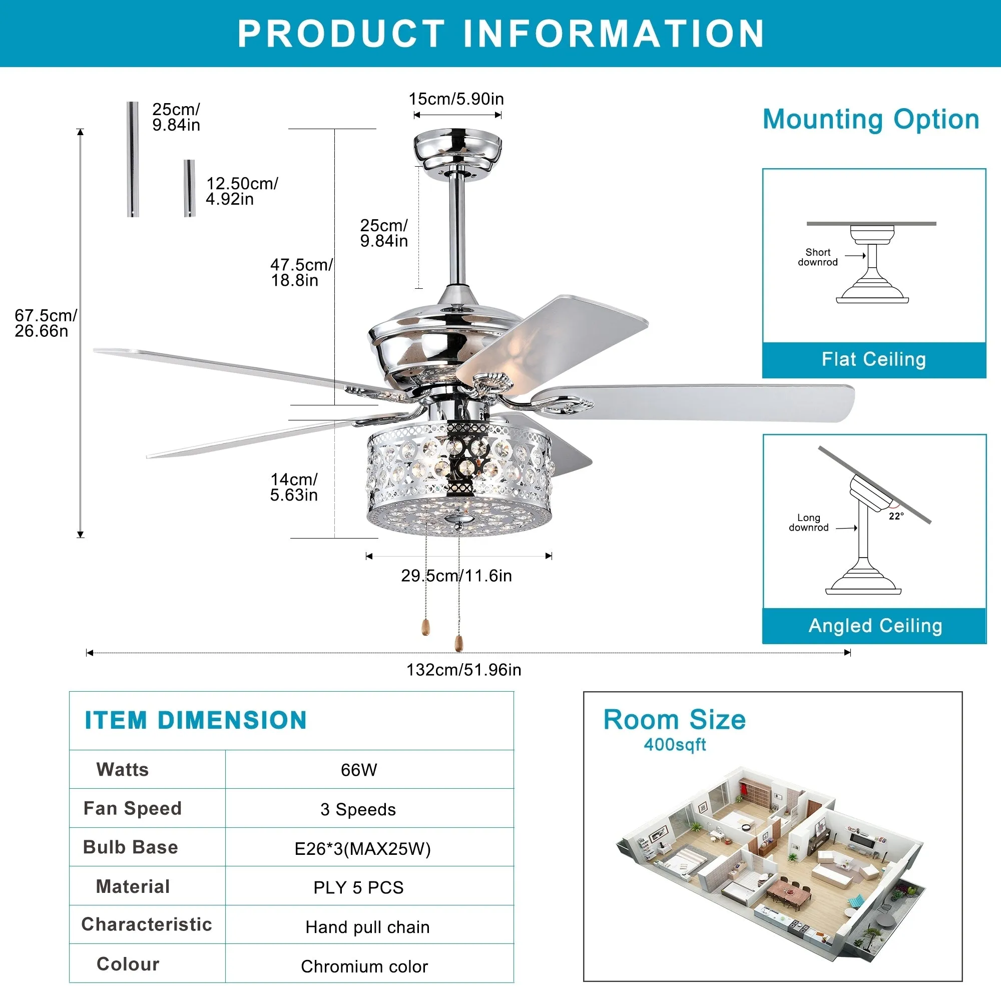 52" Modern Style Pendant Light Silent Reversible Ceiling Fan 3-Speed Adjustable Ceiling Fan Light - Chrome (Bulb Not Included)