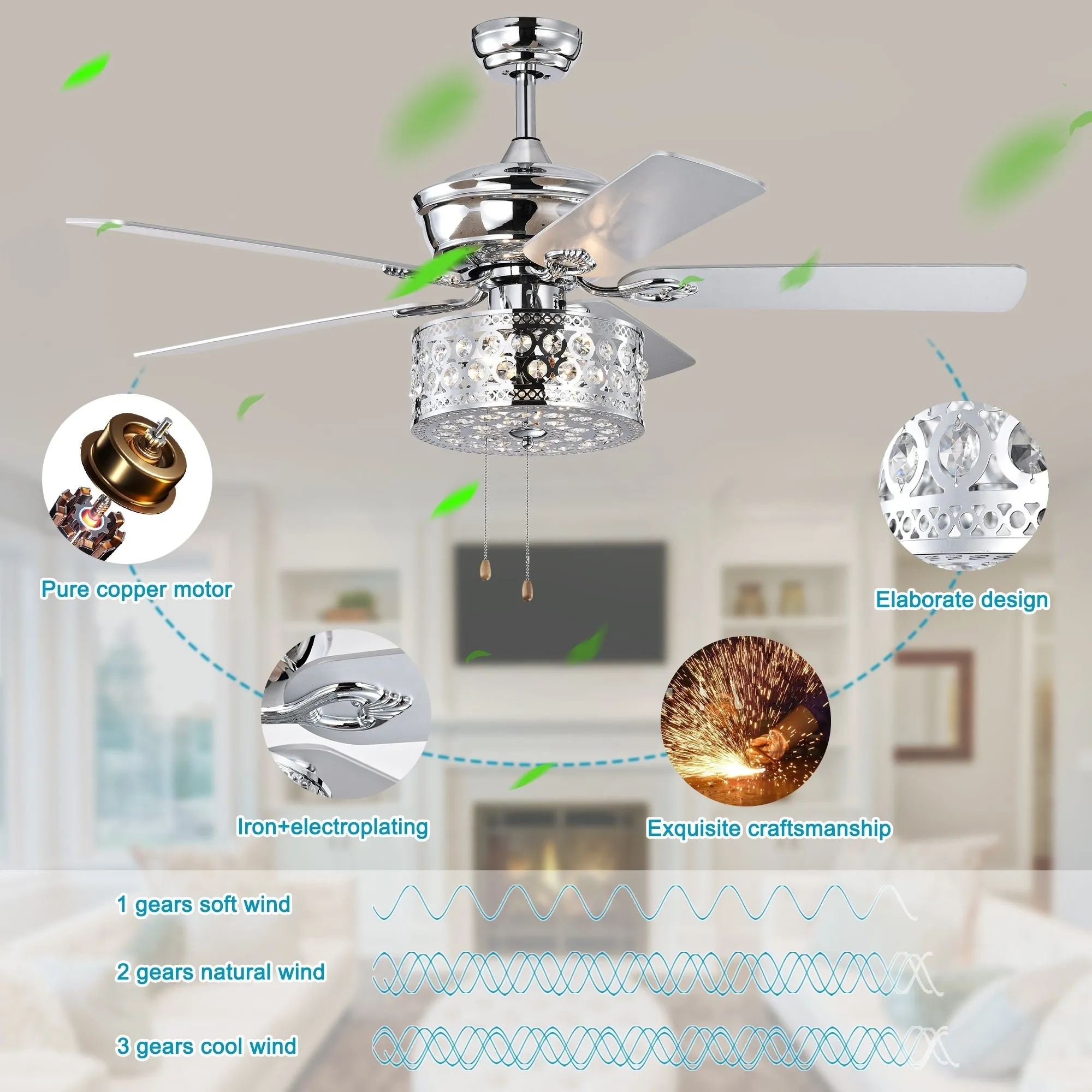 52" Modern Style Pendant Light Silent Reversible Ceiling Fan 3-Speed Adjustable Ceiling Fan Light - Chrome (Bulb Not Included)