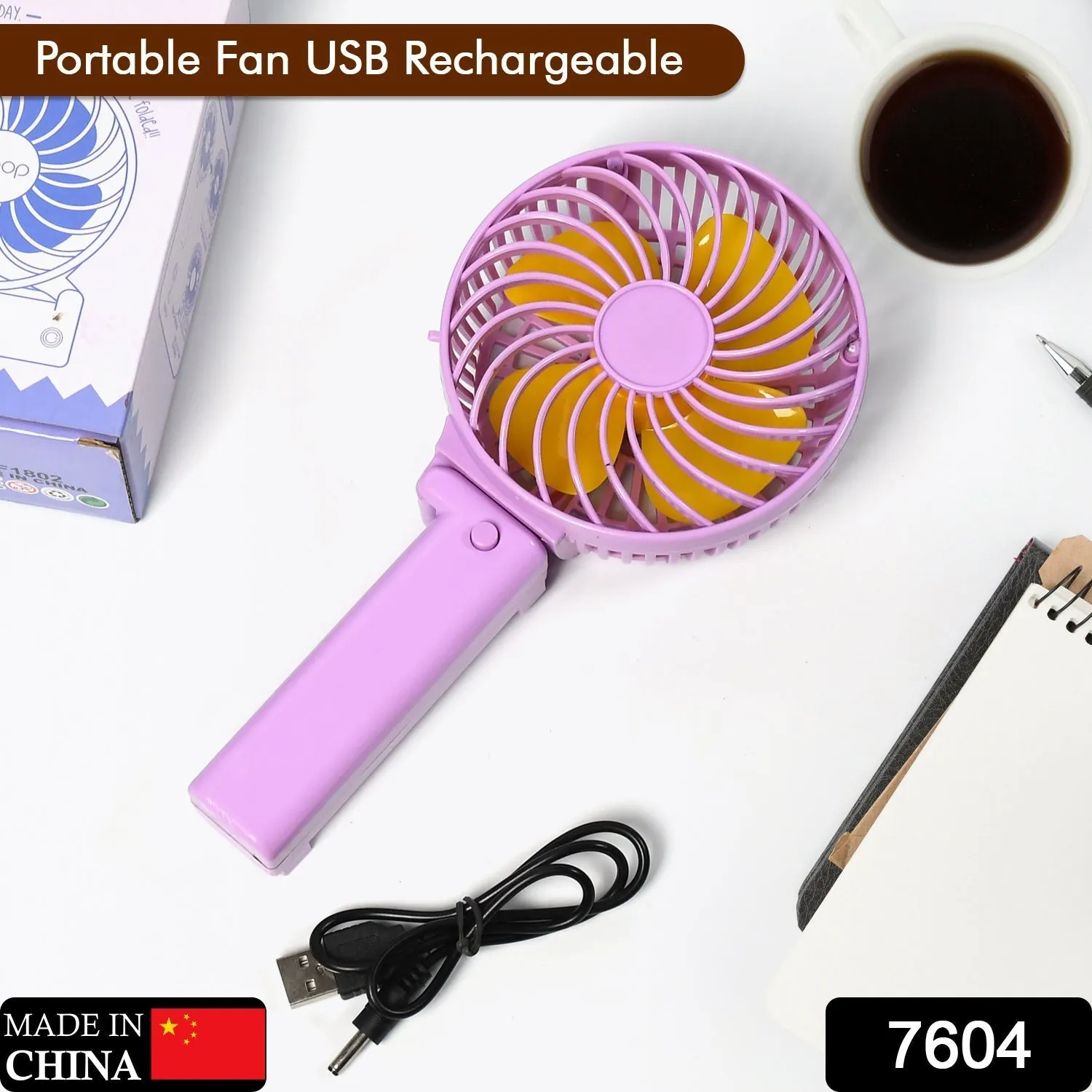 7604 Portable Mini handy Fan & Personal Table Fan | Rechargeable Battery Operated Fan Suitable for Kids, Women, Makeup Artist, Home Office (Battery Not Include)