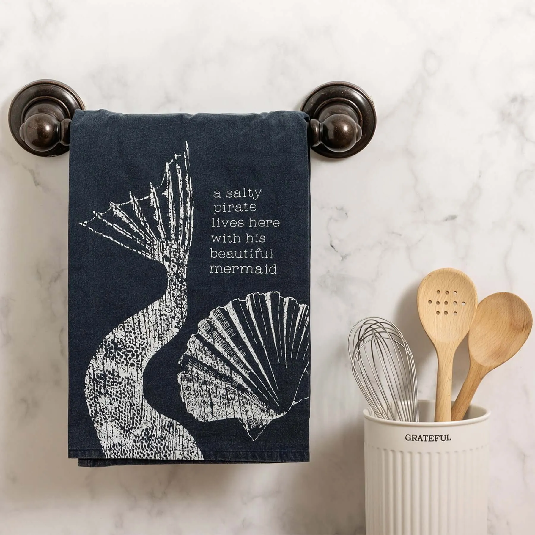 A Salty Pirate and Mermaid Lives Here Kitchen Towel