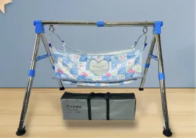 A to Z Hub Stainless Steel Foldable Baby Cradle/Ghodiyu/Baby Swing/Baby Jhula with Free Cotton Flat Hammock with Mosquito Net. (Blue)