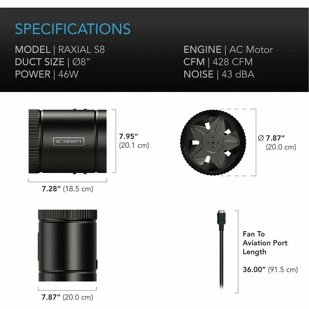 AC Infinity RAXIAL S8 Inline Booster Duct Fan with Speed Controller, 8"