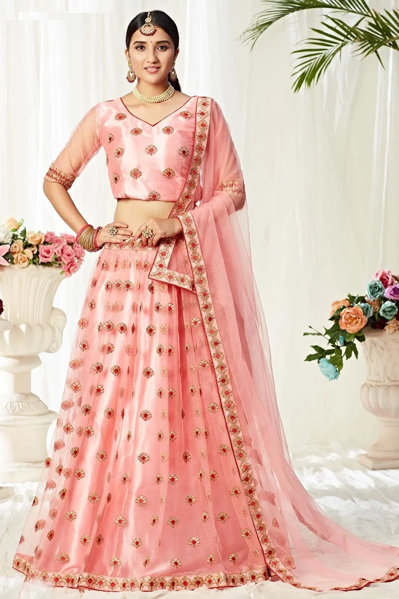 Alluring Peach Thread Embroidered A-Line Lehenga Choli