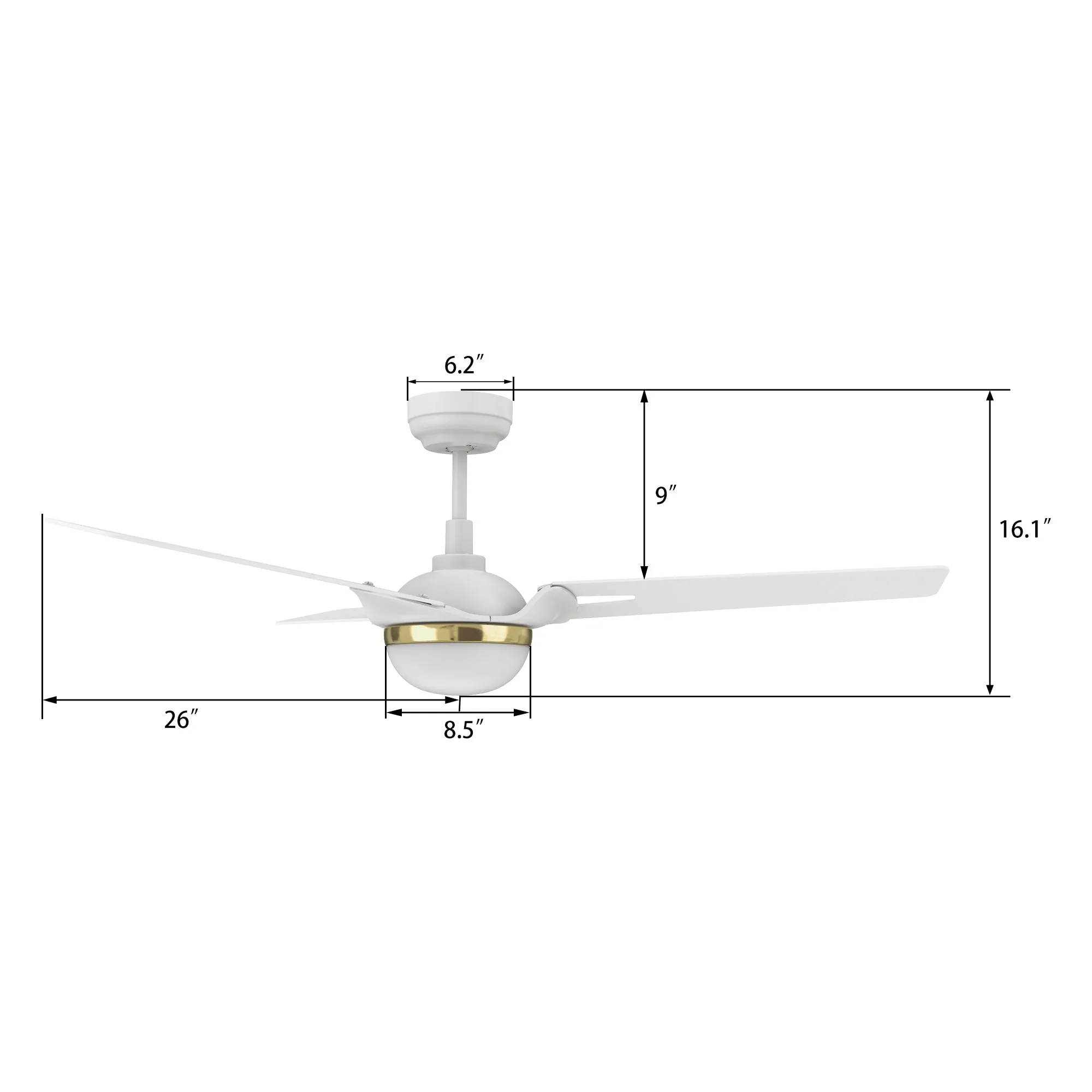 BEDFORD 52 inch 3-Blade Smart Ceiling Fan with LED Light Kit & Remote Control- White/White (Gold Detail)