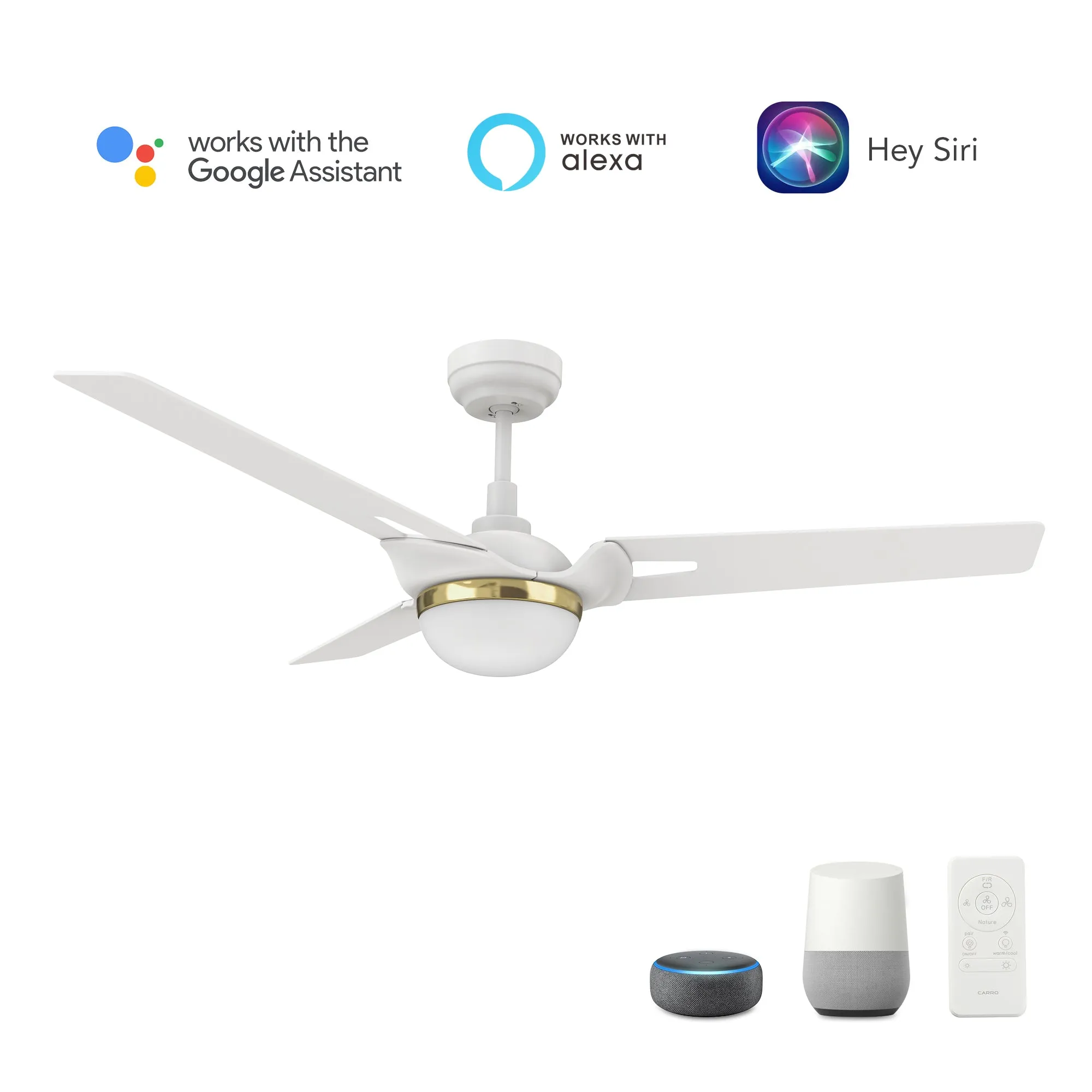 BEDFORD 52 inch 3-Blade Smart Ceiling Fan with LED Light Kit & Remote Control- White/White (Gold Detail)