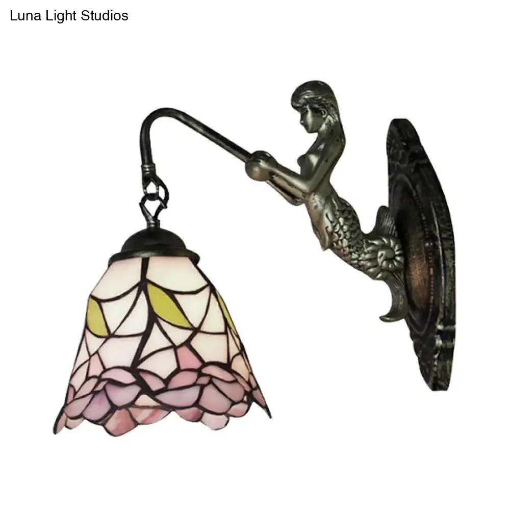 Black/Brass Flared Stained Glass Sconce - Baroque Style Wall Mounted Light Fixture