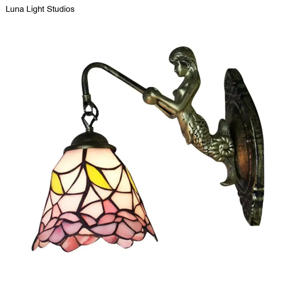 Black/Brass Flared Stained Glass Sconce - Baroque Style Wall Mounted Light Fixture