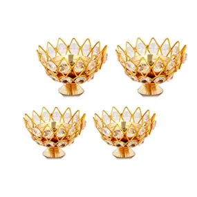 Brass Gallery Brass Small Bowl Crystal Diya Round Shape Kamal Deep Akhand Jyoti Oil Lamp for Home Temple Puja Decor Gifts (Size 4 Inch, Small)(Pack of 4)