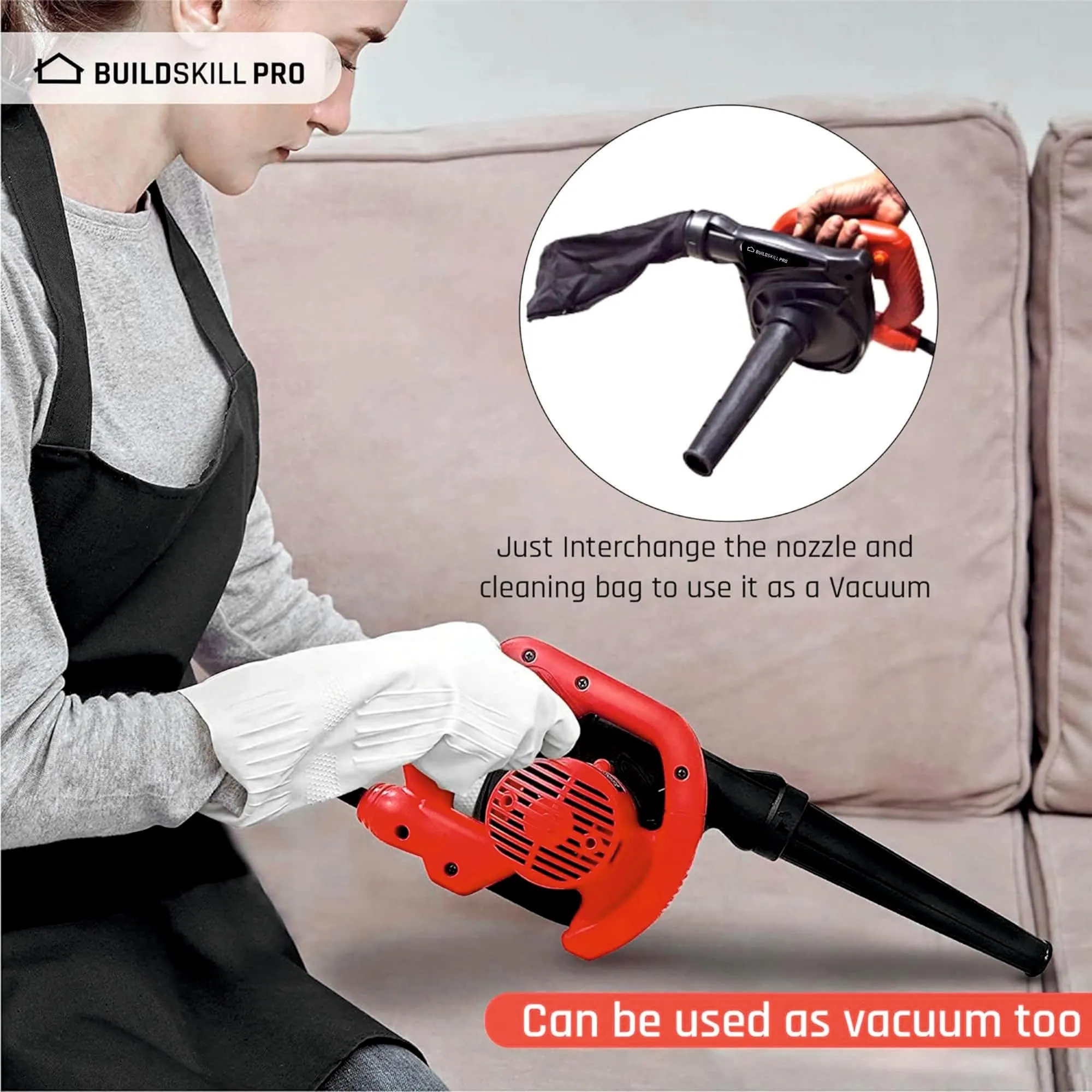 Buildskill BRB40SA Air Blower with Vaccum Cleaner, Powerful Motor, 850W,16000RPM, Variable Speed for Clearing Away Dust Particles from Furniture, Cars, Computers, Windows & Bed Sides. (Red)