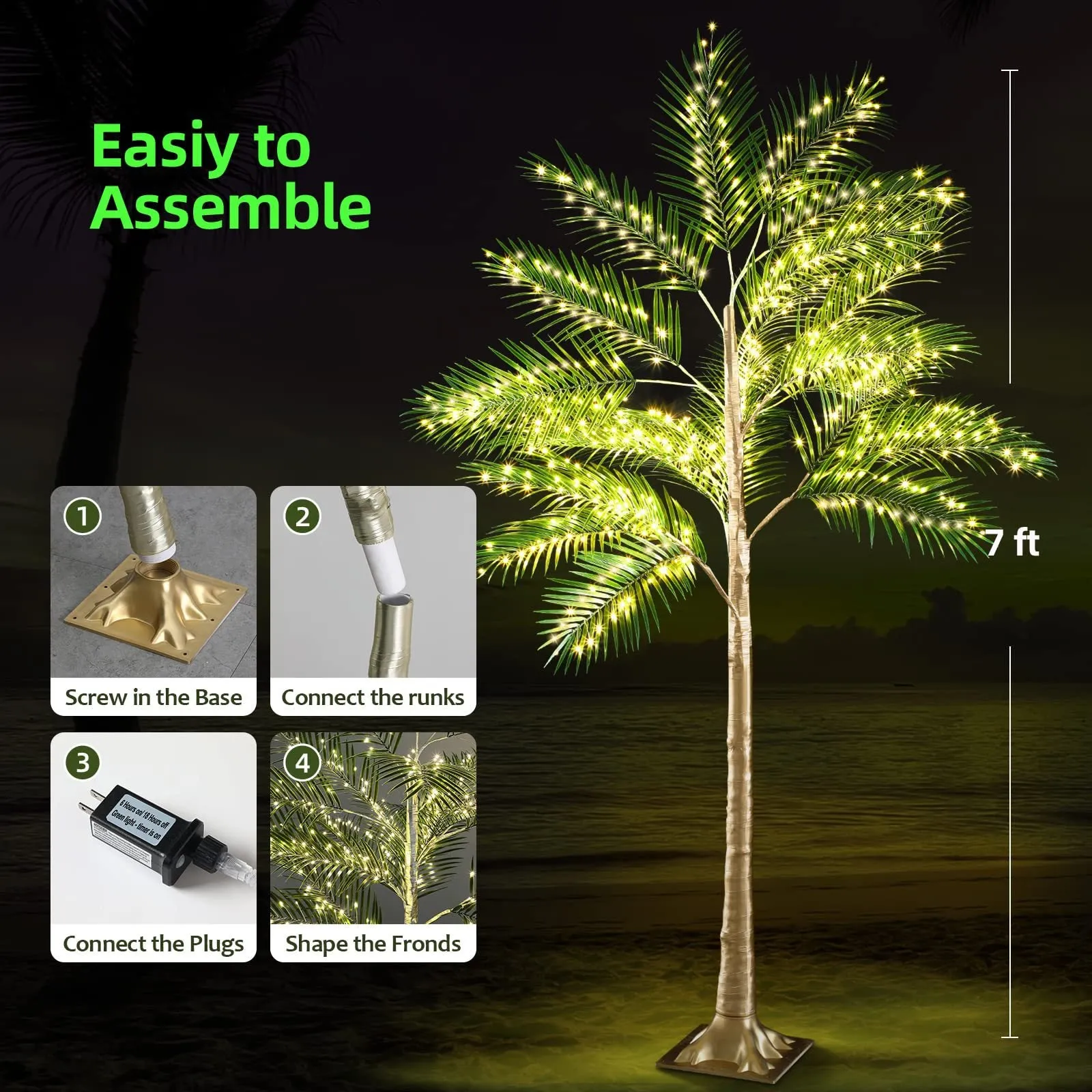 Bulk Lighted Palm Tree Warm LED Artificial Greenery with Lights with Adapter Patio Pool Tiki Decor Indoor Outdoor