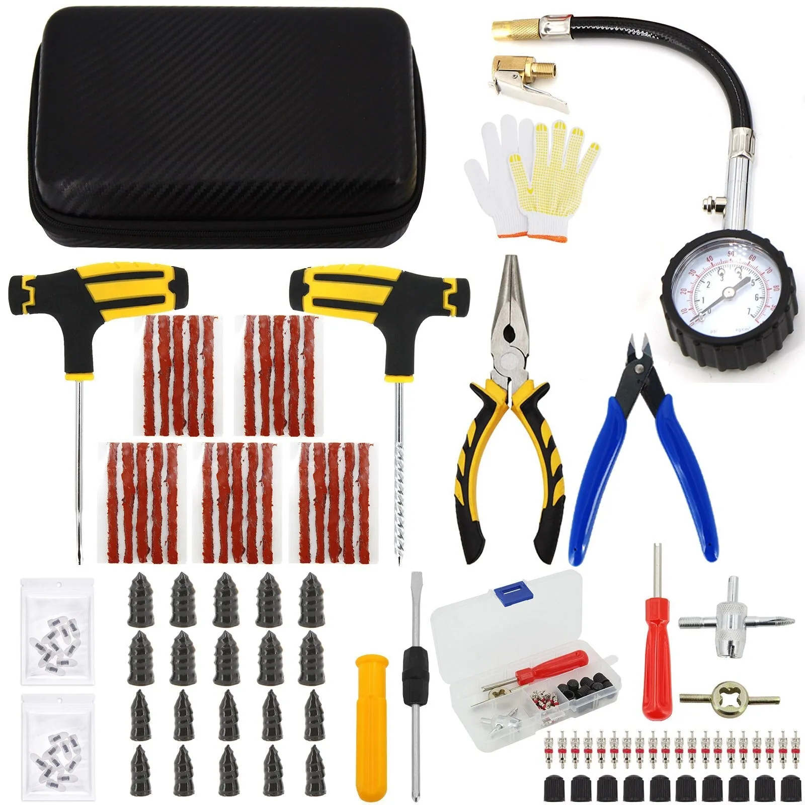 Car Tire Repair Tool Kit Studding Set Auto Bike Puncture Plug Garage Needle Nose Pliers Vacuum Film Nail Screws W/ Storage Case