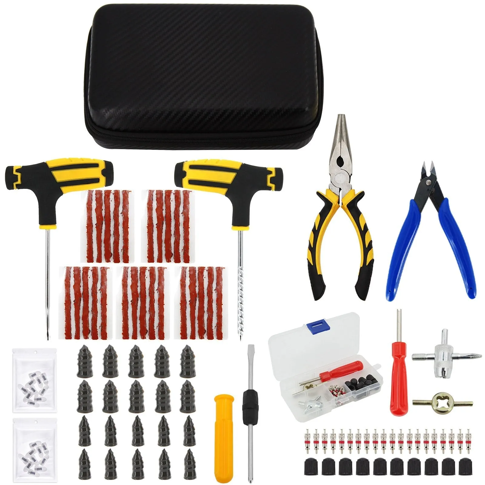 Car Tire Repair Tool Kit Studding Set Auto Bike Puncture Plug Garage Needle Nose Pliers Vacuum Film Nail Screws W/ Storage Case