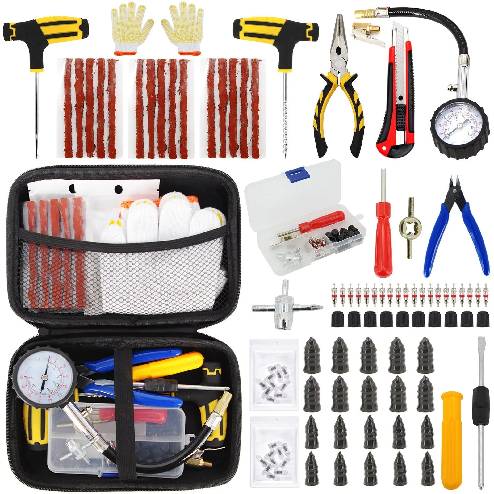 Car Tire Repair Tool Kit Studding Set Auto Bike Puncture Plug Garage Needle Nose Pliers Vacuum Film Nail Screws W/ Storage Case