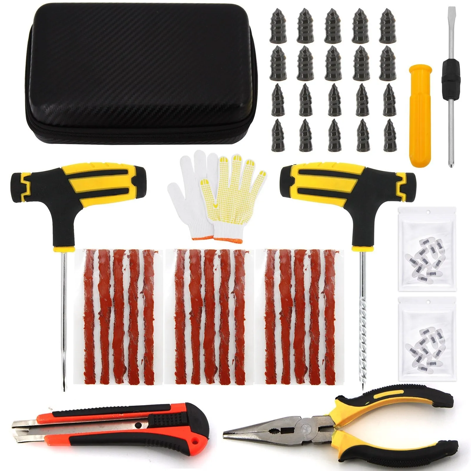 Car Tire Repair Tool Kit Studding Set Auto Bike Puncture Plug Garage Needle Nose Pliers Vacuum Film Nail Screws W/ Storage Case