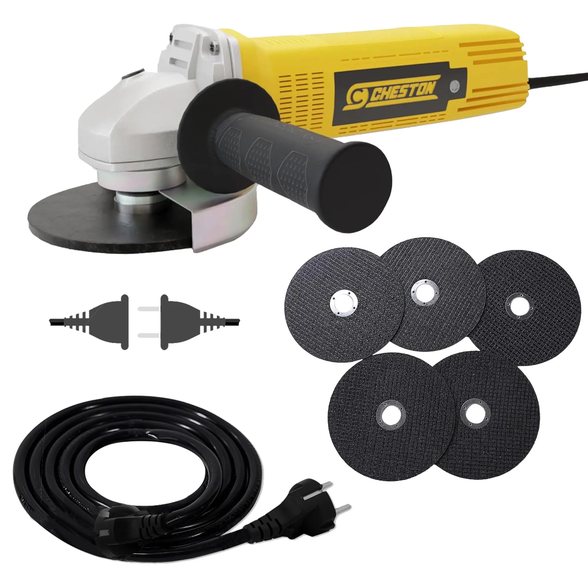 Cheston Angle Grinder for Grinding, Cutting, Polishing (4 inch-100mm), 720W Yellow Grinder Machine with Auxiliary Handle   5 Cutting Wheel   Cheston 5 Meter Extension 2 Pin Cord Capacity Upto 1000W