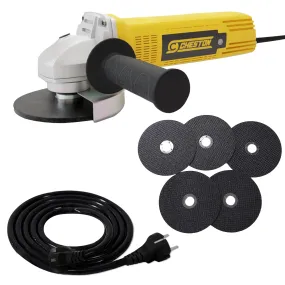 Cheston Angle Grinder for Grinding, Cutting, Polishing (4 inch-100mm), 720W Yellow Grinder Machine with Auxiliary Handle   5 Cutting Wheel   Cheston 5 Meter Extension 2 Pin Cord Capacity Upto 1000W