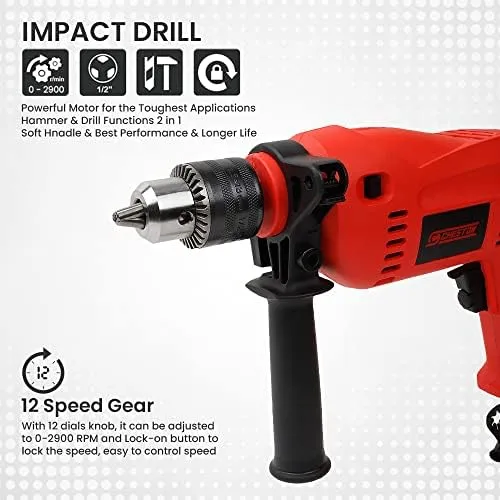 Cheston Impact Drill Machine 13mm Chuck with Reversible and Variable Speed with 5 Pcs Masonry Wall Drill Bit Set with Round Shank Indust   5 Meter Extension 2 Pin Cord Capacity Upto 1000W