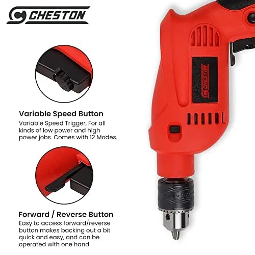 Cheston Impact Drill Machine 13mm Chuck with Reversible and Variable Speed with 5 Pcs Masonry Wall Drill Bit Set with Round Shank Indust   5 Meter Extension 2 Pin Cord Capacity Upto 1000W