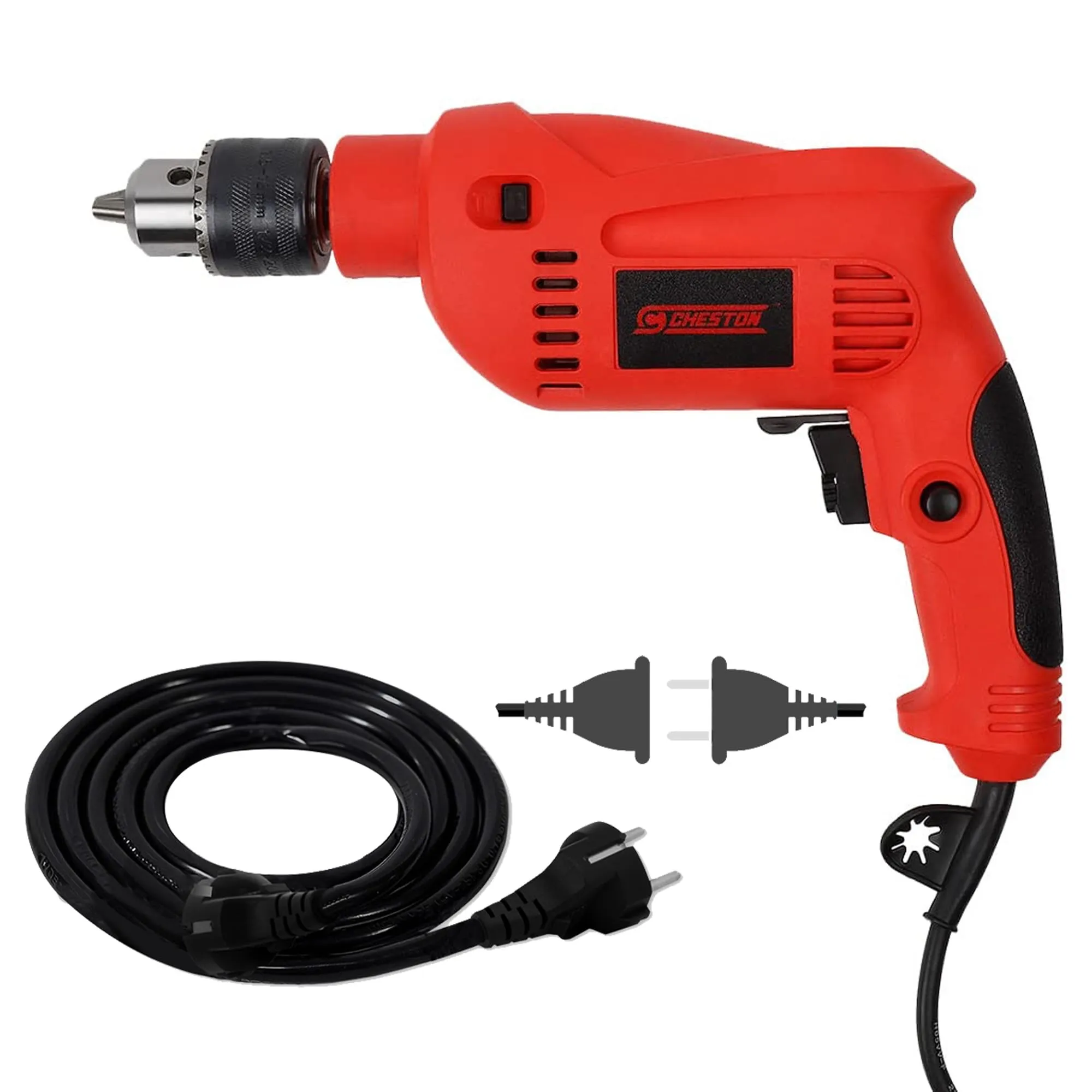 Cheston Impact Drill Machine 13mm Chuck with Reversible and Variable Speed with 5 Pcs Masonry Wall Drill Bit Set with Round Shank Indust   5 Meter Extension 2 Pin Cord Capacity Upto 1000W