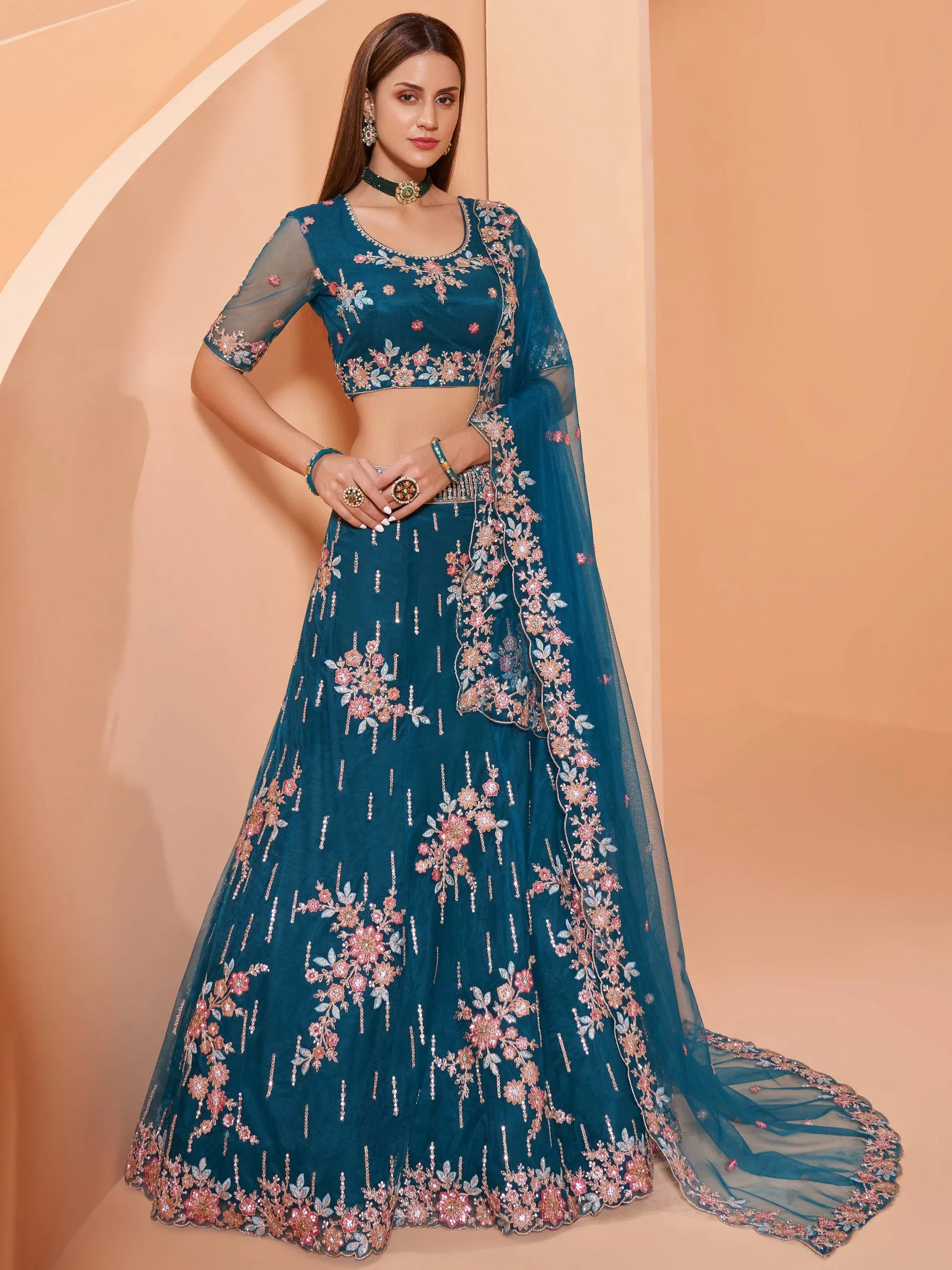 Cording Work Cerulean Blue Wedding Wear Lehenga Choli