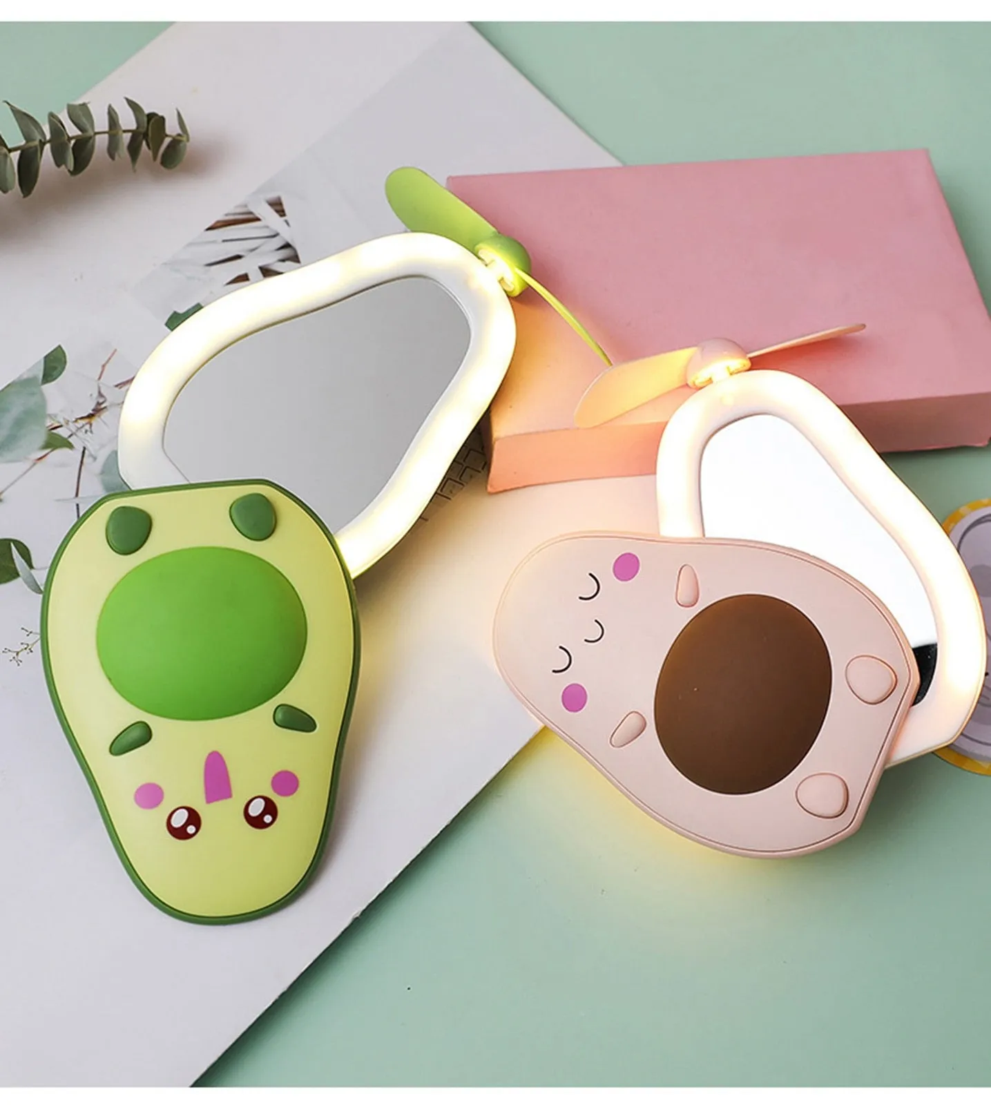 Cute Led Light Makeup Hand Mirror Travel Fan