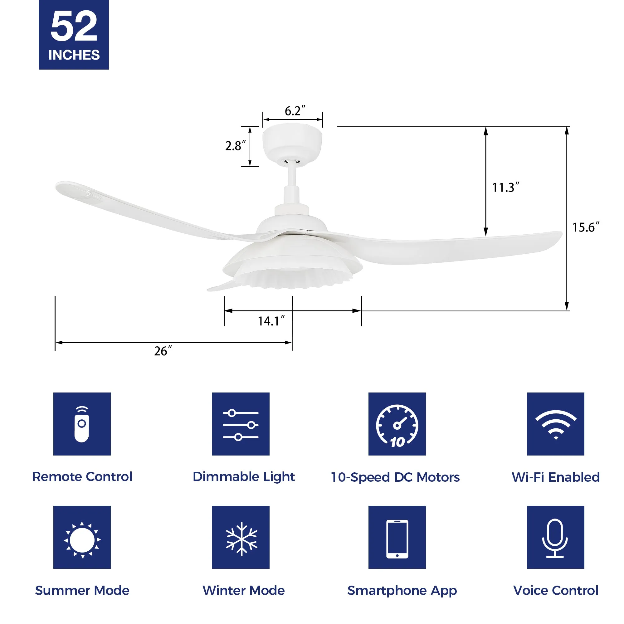 Daisy Smart White Ceiling Fan with LED Light and Remote 52"