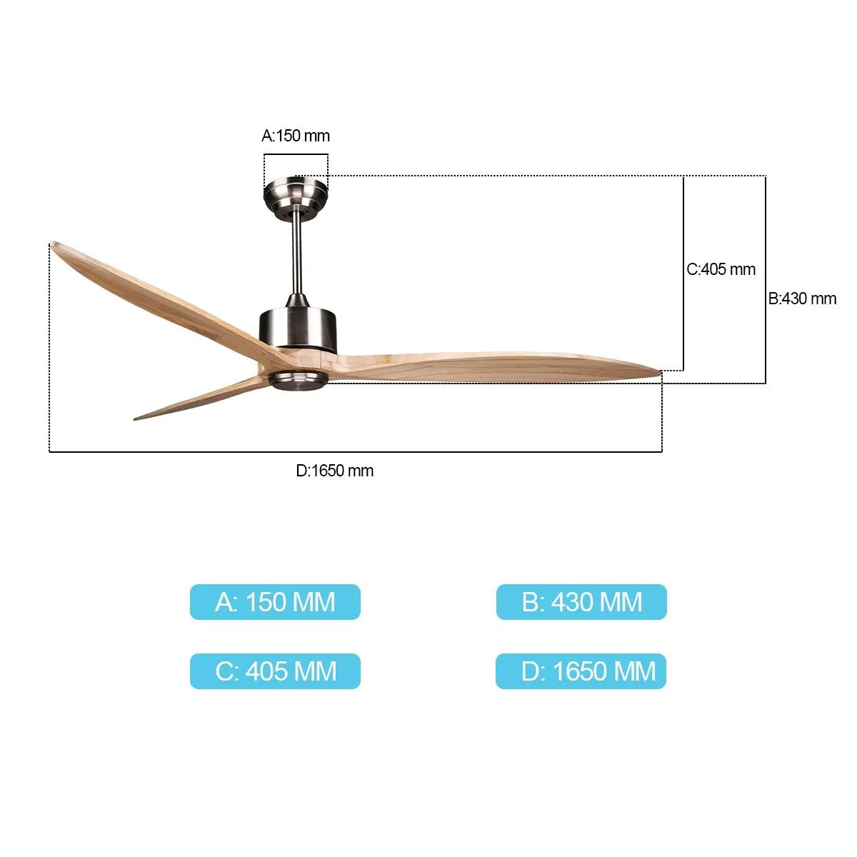 DARWIN 164cm / 65 inch 3 Blade DC Modern Timber Ceiling Fan Natural Solid wood