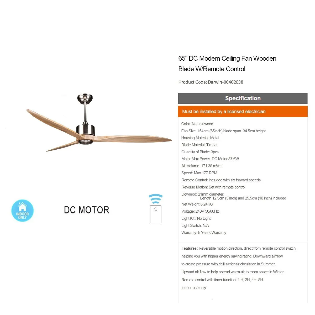 DARWIN 164cm / 65 inch 3 Blade DC Modern Timber Ceiling Fan Natural Solid wood