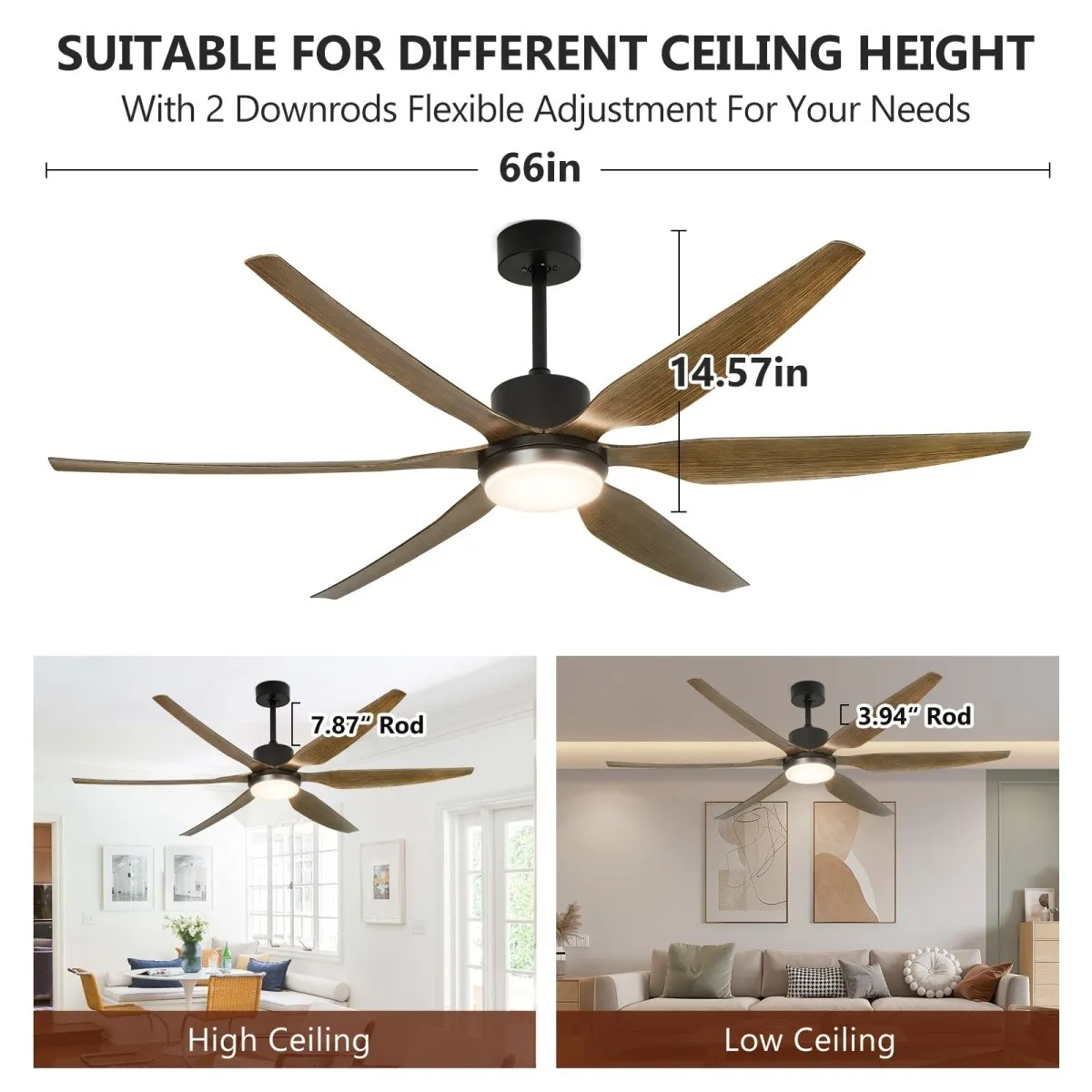 Depuley 66" Ceiling Fans with Lights Remote Control, Indoor Outdoor Black Ceiling Fan with 6 Blades, Dimmable Modern Room Fan for Patio Living Room, Summer House, Office, Reversible Quiet DC Motor