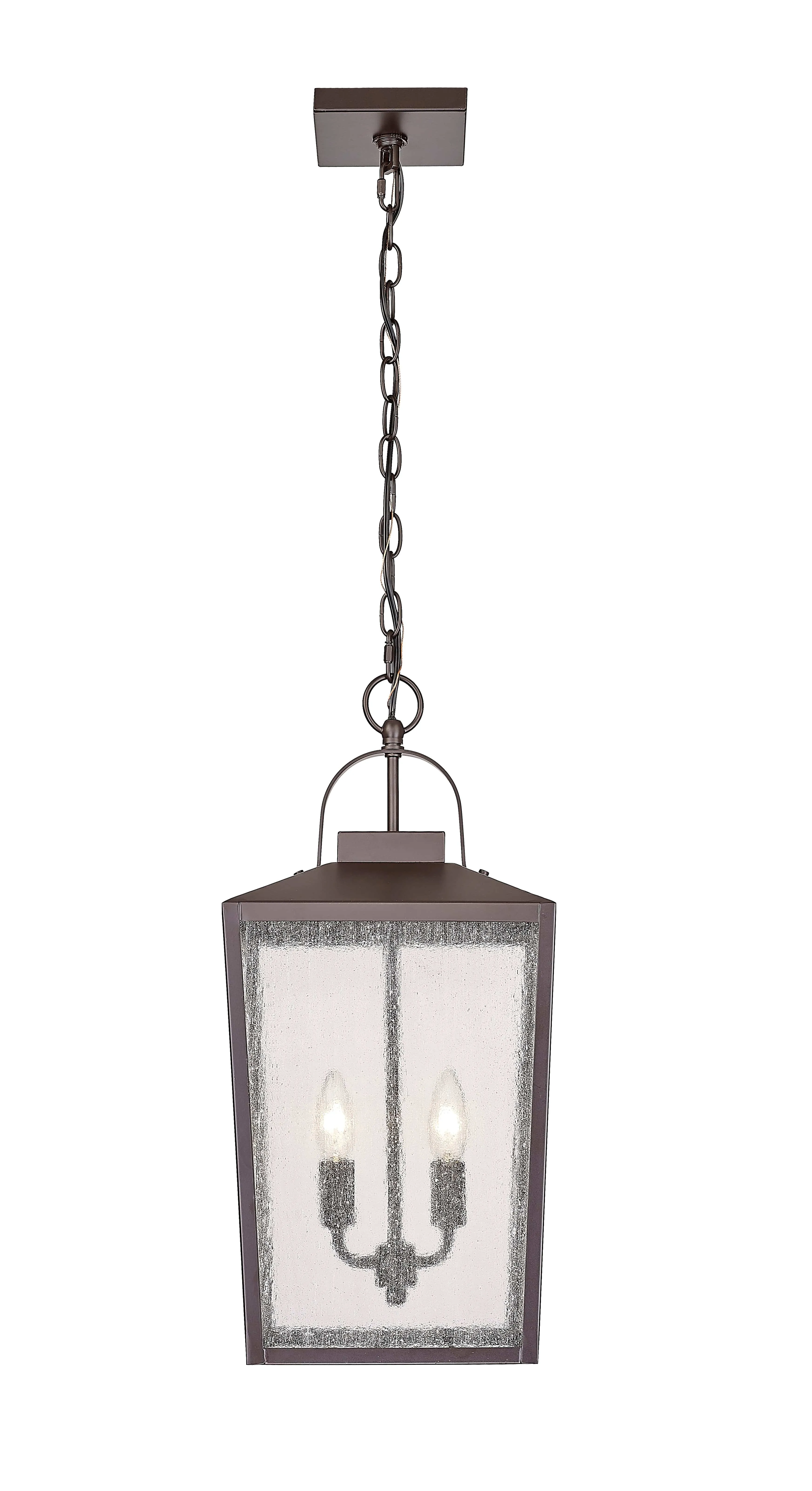 Devens Outdoor Hanging Lantern - Powder Coated Bronze - Clear Seeded Glass - 10in. Diameter - E12 Candelabra Base