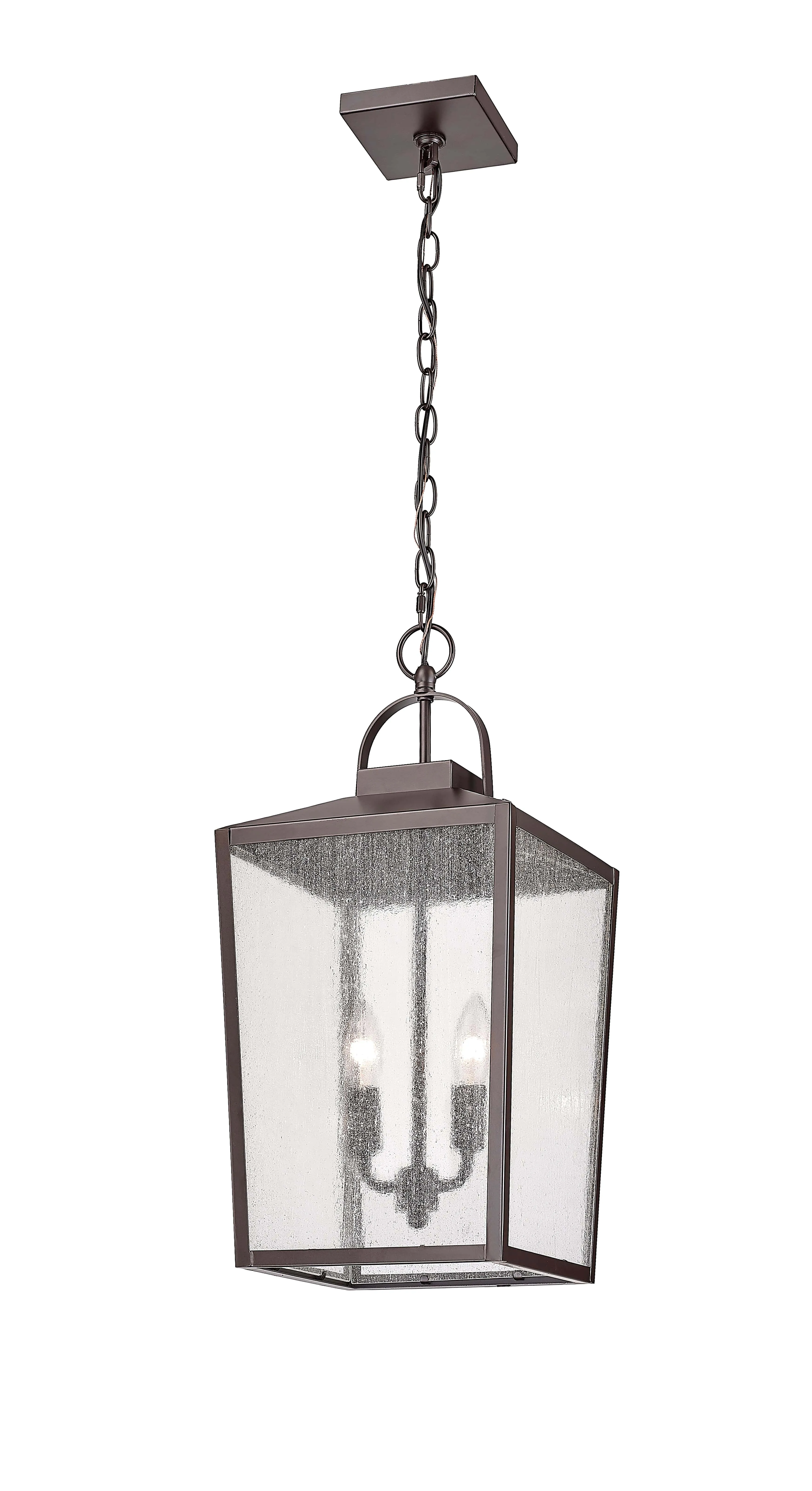 Devens Outdoor Hanging Lantern - Powder Coated Bronze - Clear Seeded Glass - 10in. Diameter - E12 Candelabra Base