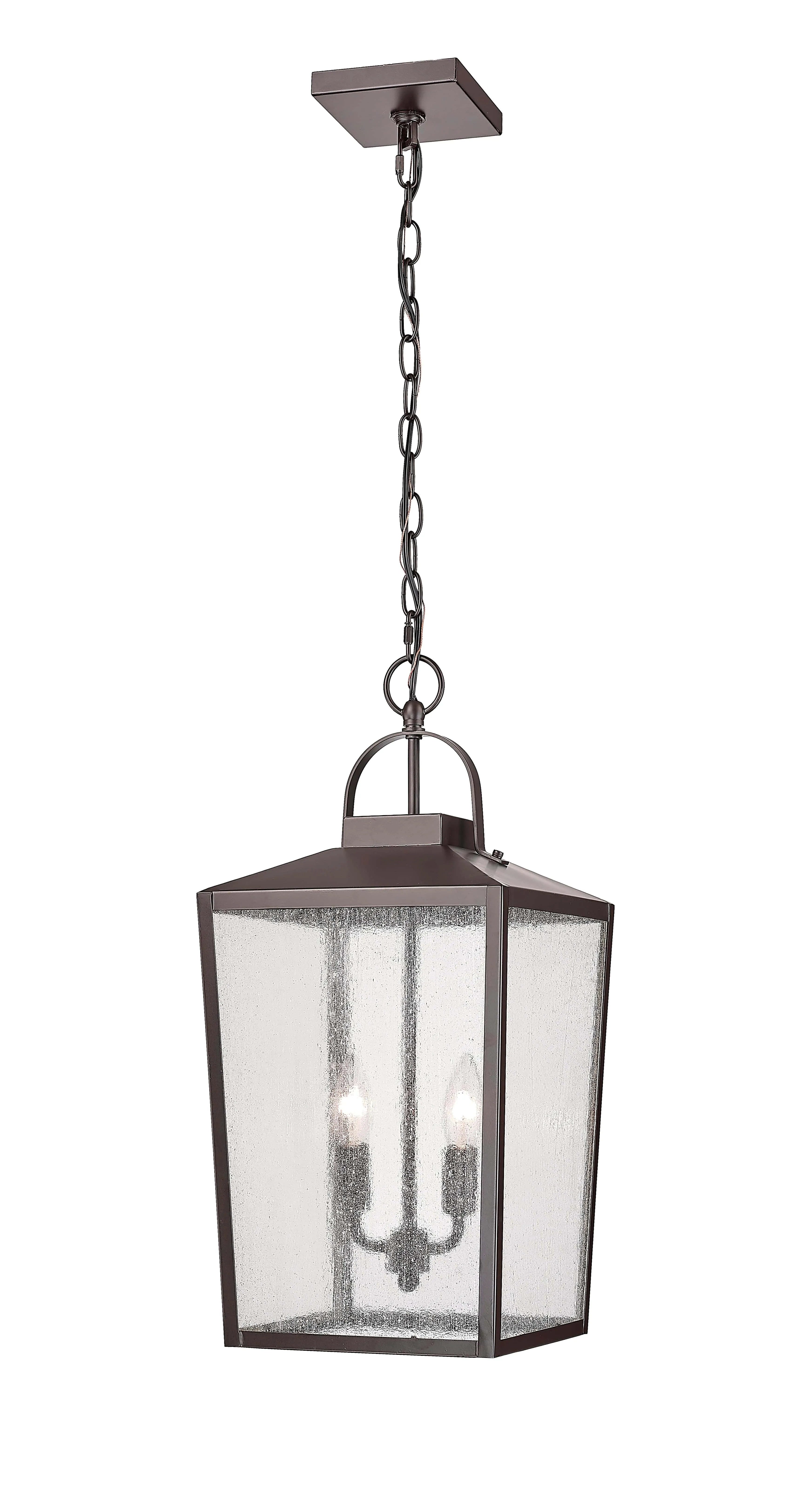 Devens Outdoor Hanging Lantern - Powder Coated Bronze - Clear Seeded Glass - 10in. Diameter - E12 Candelabra Base