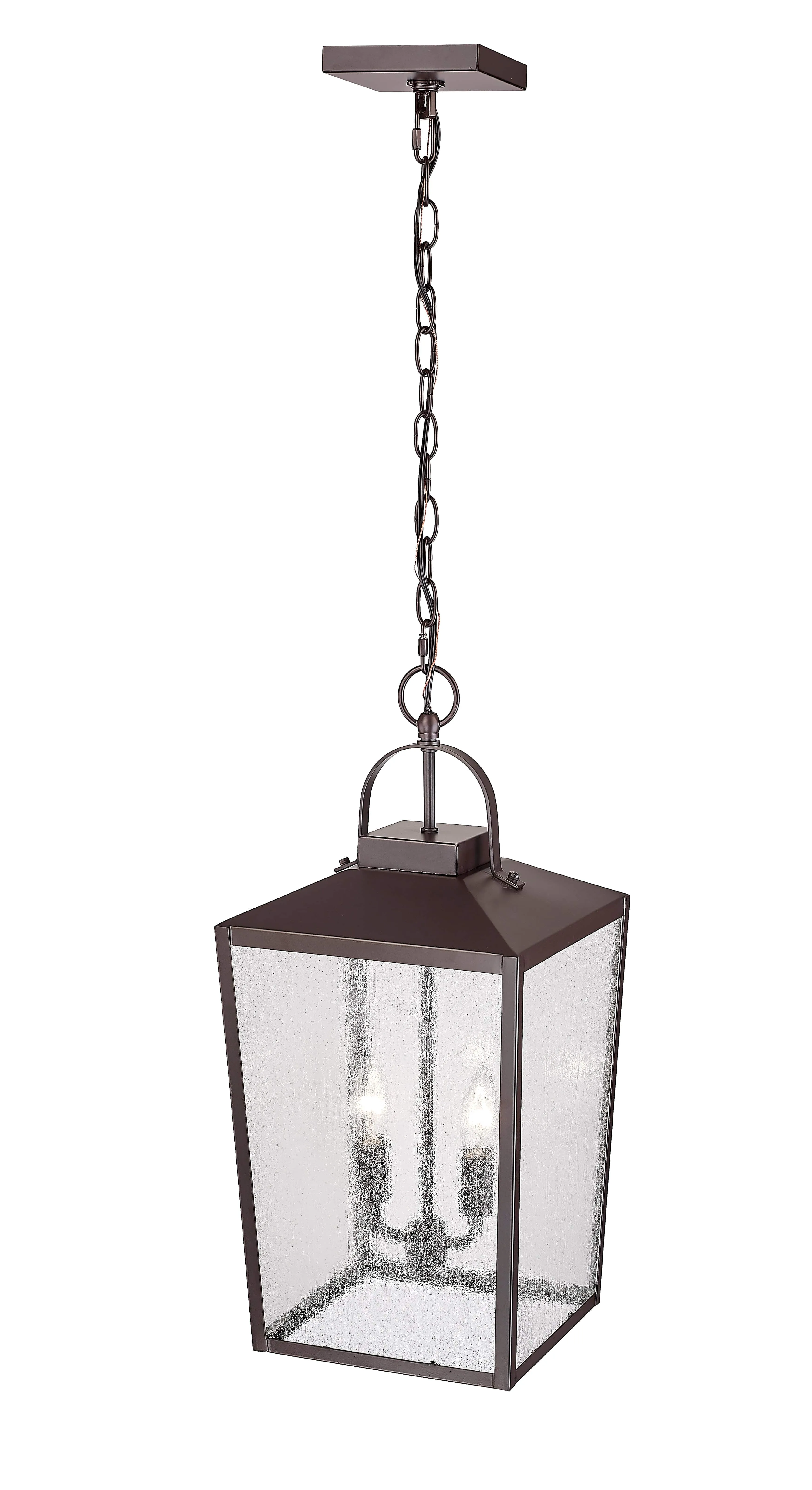 Devens Outdoor Hanging Lantern - Powder Coated Bronze - Clear Seeded Glass - 10in. Diameter - E12 Candelabra Base