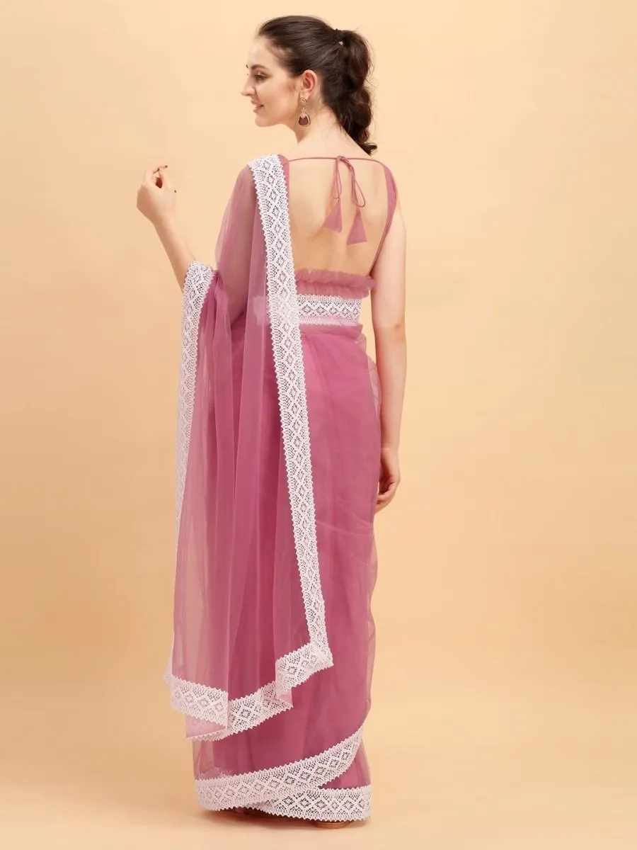 Dirty Pink Net Bordered Saree with Net Blouse