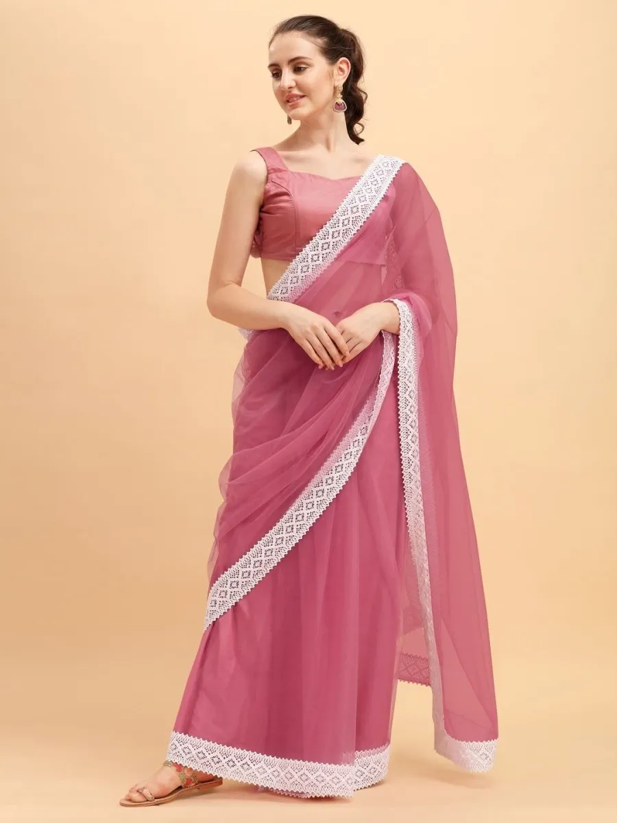 Dirty Pink Net Bordered Saree with Net Blouse