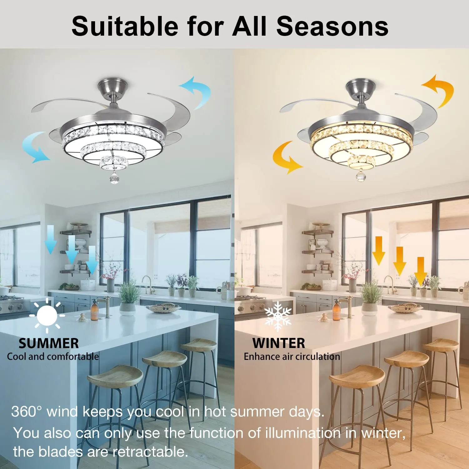 DLLT 42'' Crystal Ceiling Fan with Light, 36W Modern Ceiling Fan Remote, 3-Blade Retractable Led Fan Chandelier Indoor for Living Room, Bedroom, Dining Room, Color Changeable 3000K-6000K Nickel