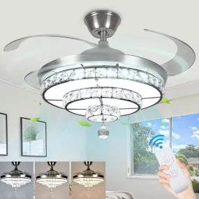 DLLT 42'' Crystal Ceiling Fan with Light, 36W Modern Ceiling Fan Remote, 3-Blade Retractable Led Fan Chandelier Indoor for Living Room, Bedroom, Dining Room, Color Changeable 3000K-6000K Nickel